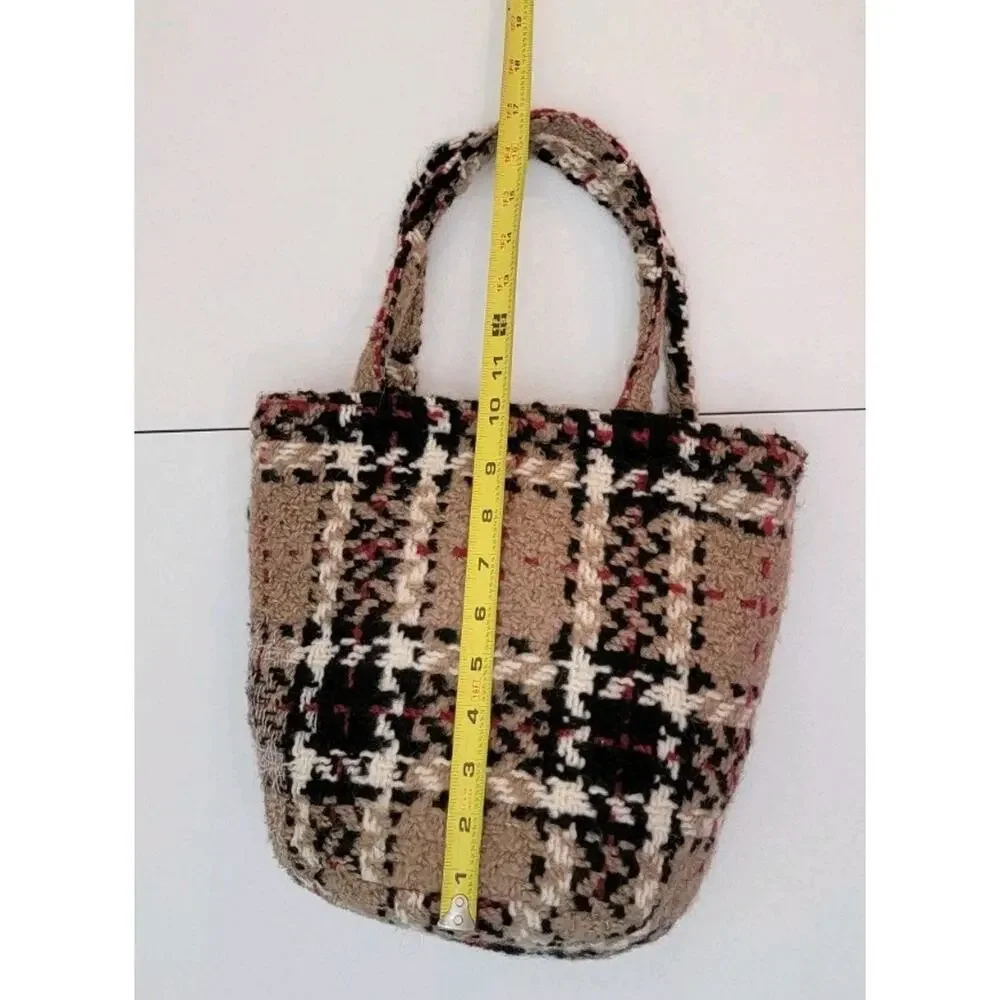 Branigan Weavers Ireland Woven Wool Tote Tan Black Red White Tartan Plaid Bag